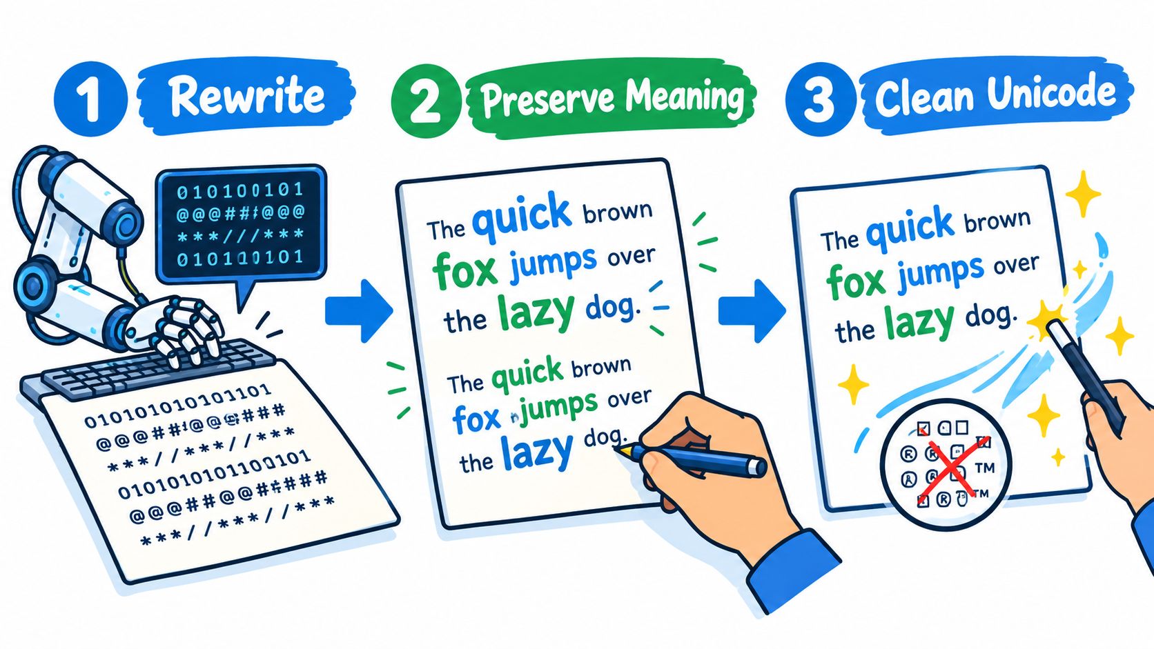 A three-step infographic showing an AI robot humanizing raw code into a clear readable sentence.