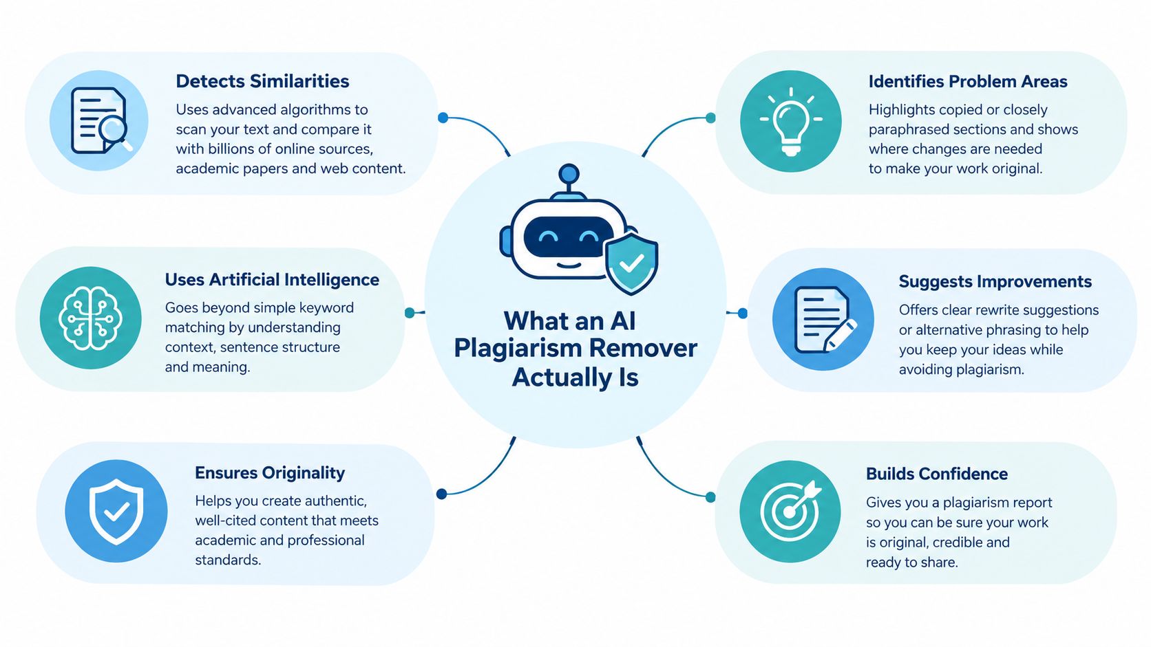 A diagram illustrating the key features and benefits of using an AI-powered plagiarism remover tool.