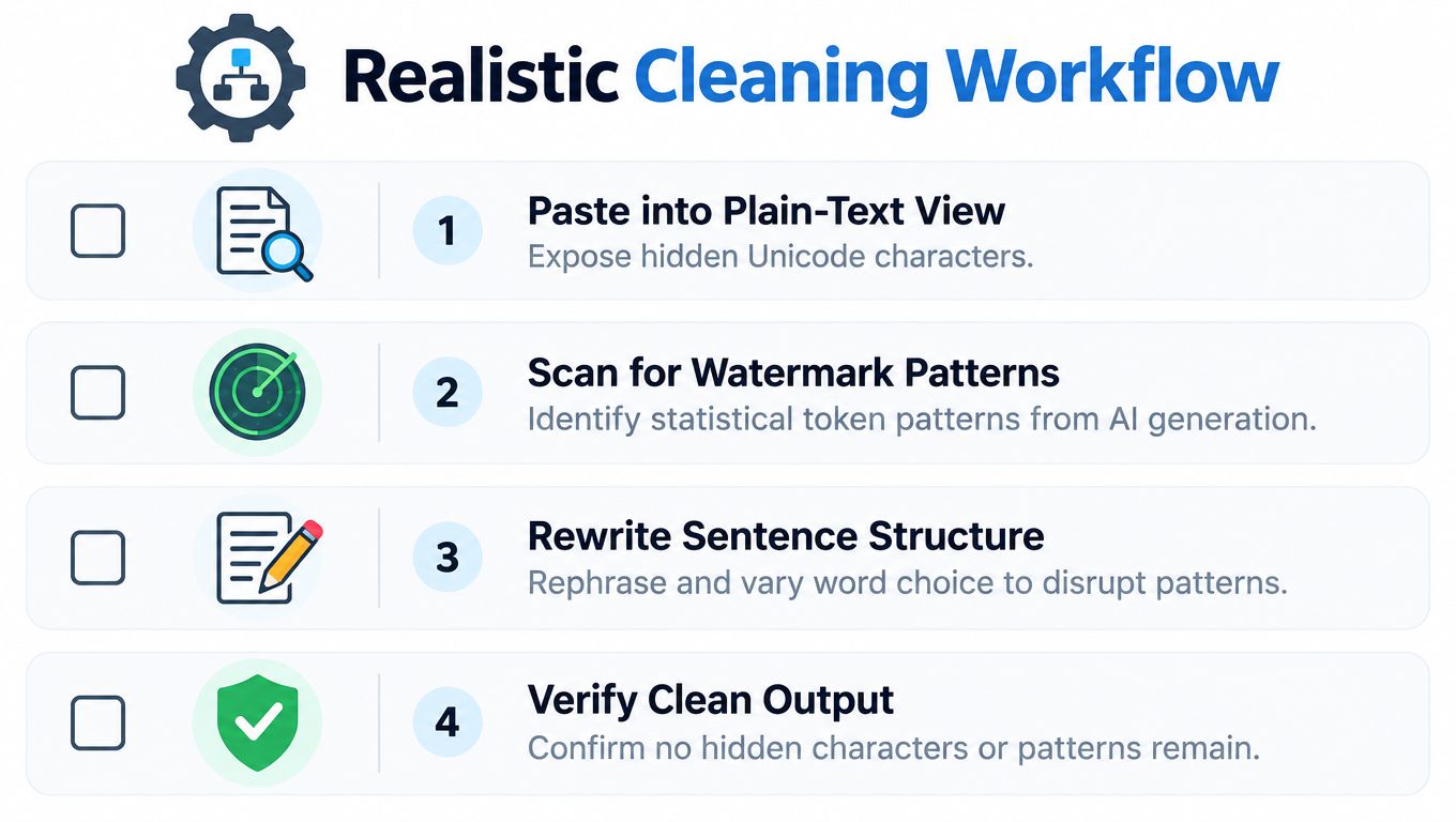 A four-step graphic workflow titled Realistic Cleaning Workflow for removing AI patterns from written content.