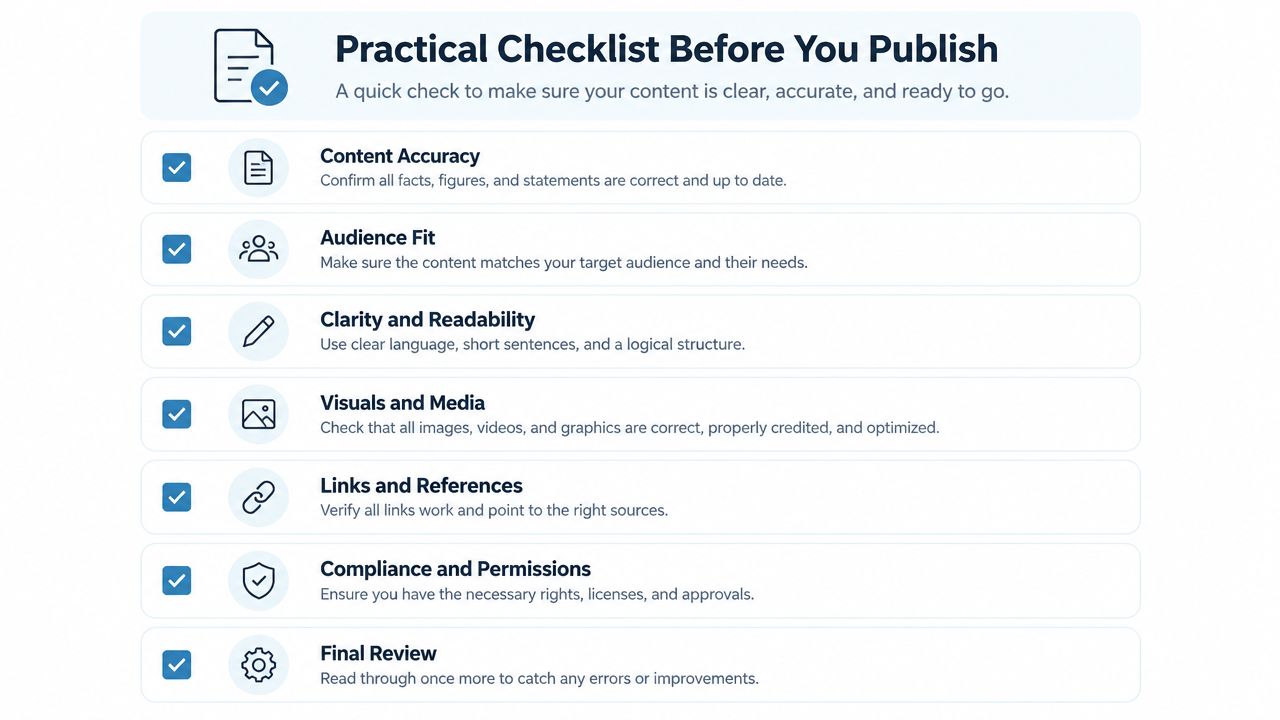 A checklist showing key steps to review and ensure content quality before publishing it online.