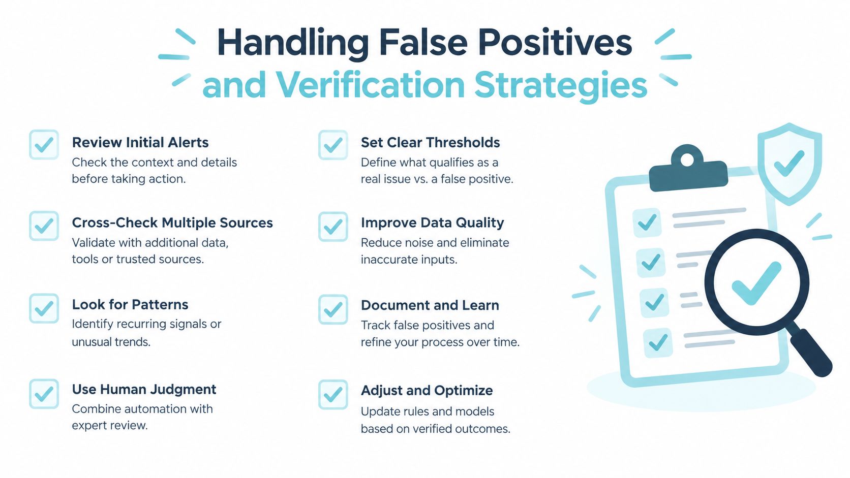 A visual guide outlining strategies for handling false positives and improving verification processes for automated systems.