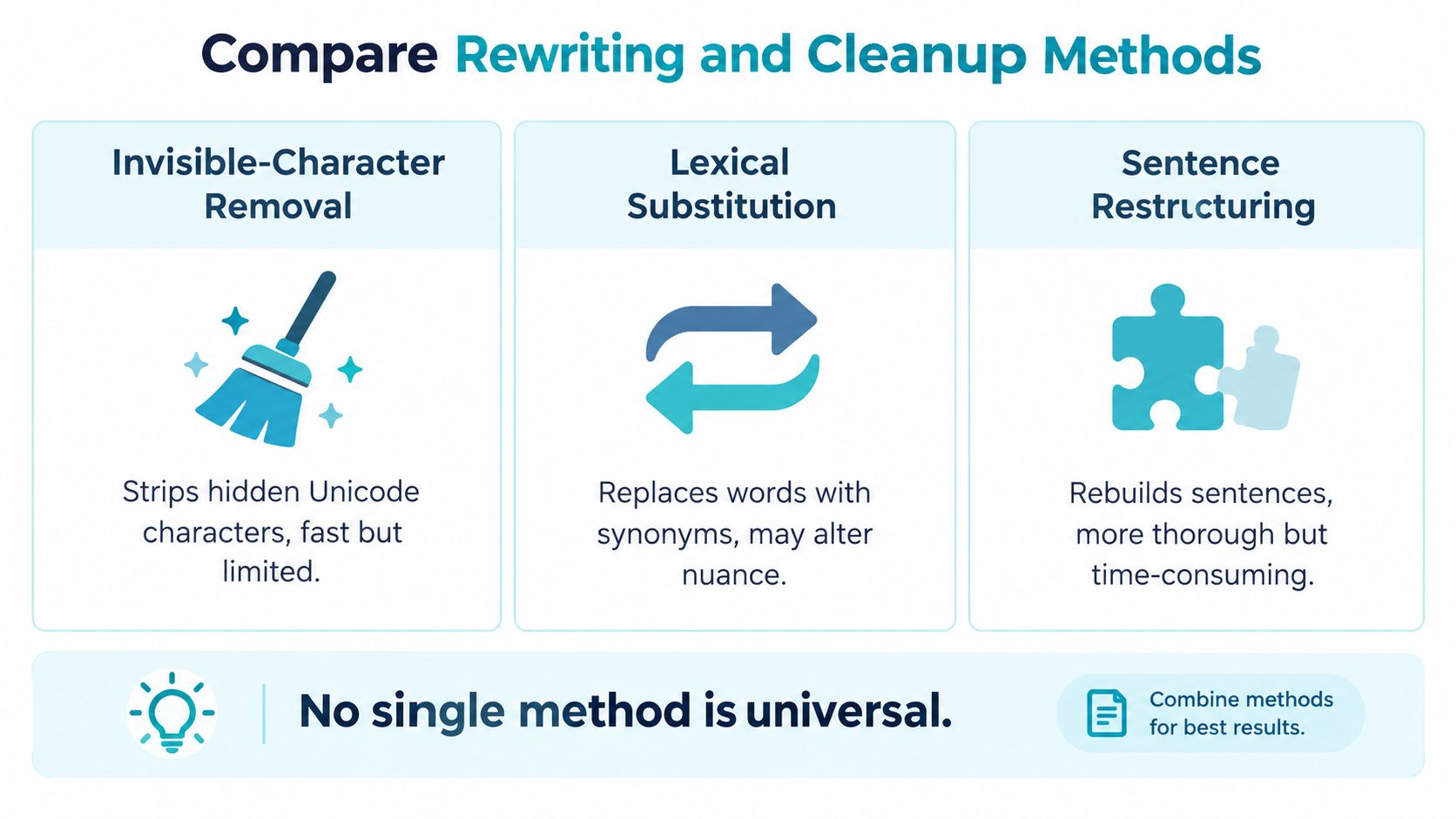 A comparison chart outlining three methods for AI content rewriting: invisible character removal, lexical substitution, and sentence restructuring.