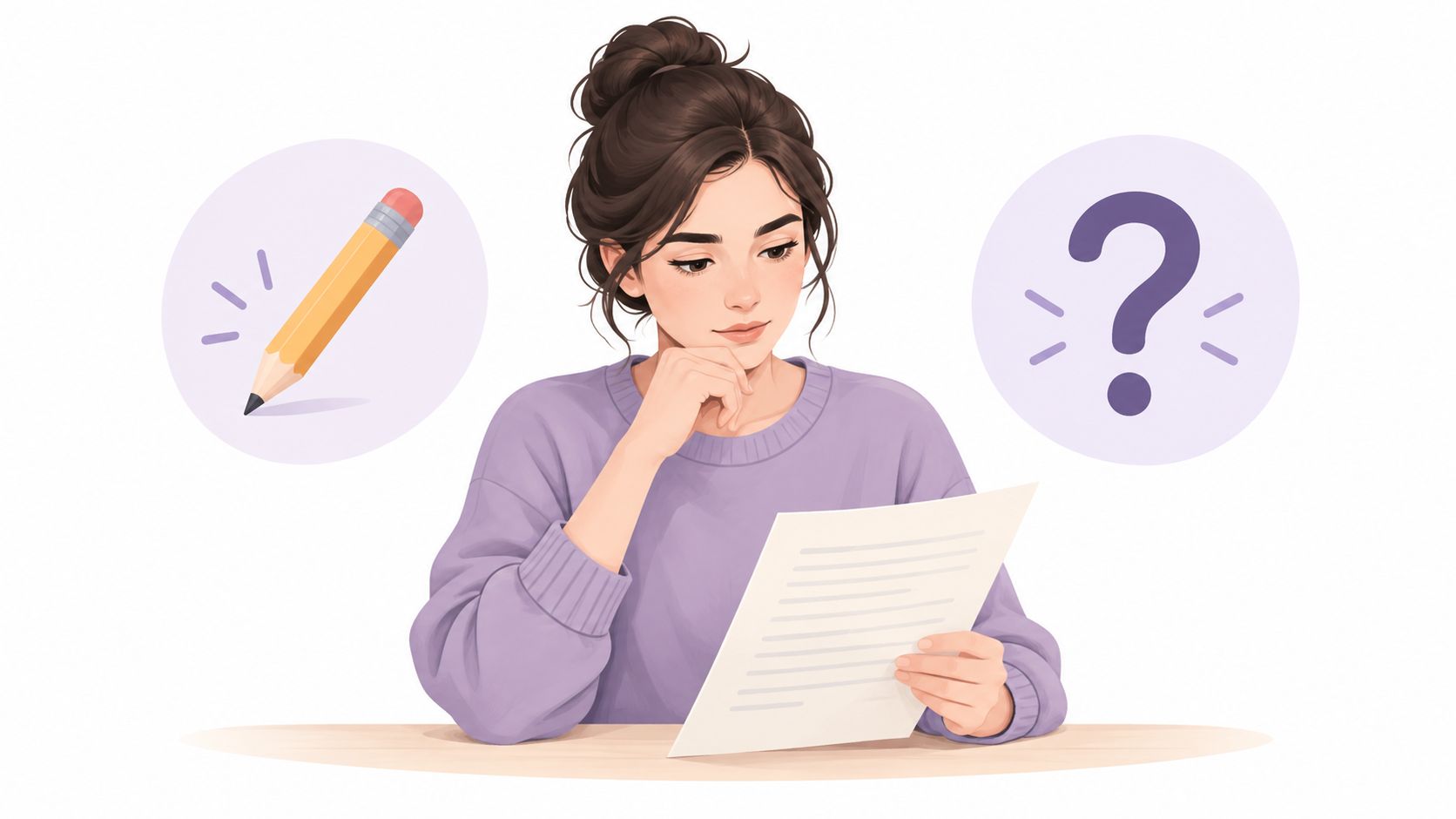 A young woman thoughtfully reading a document with a pencil and question mark icons on both sides.