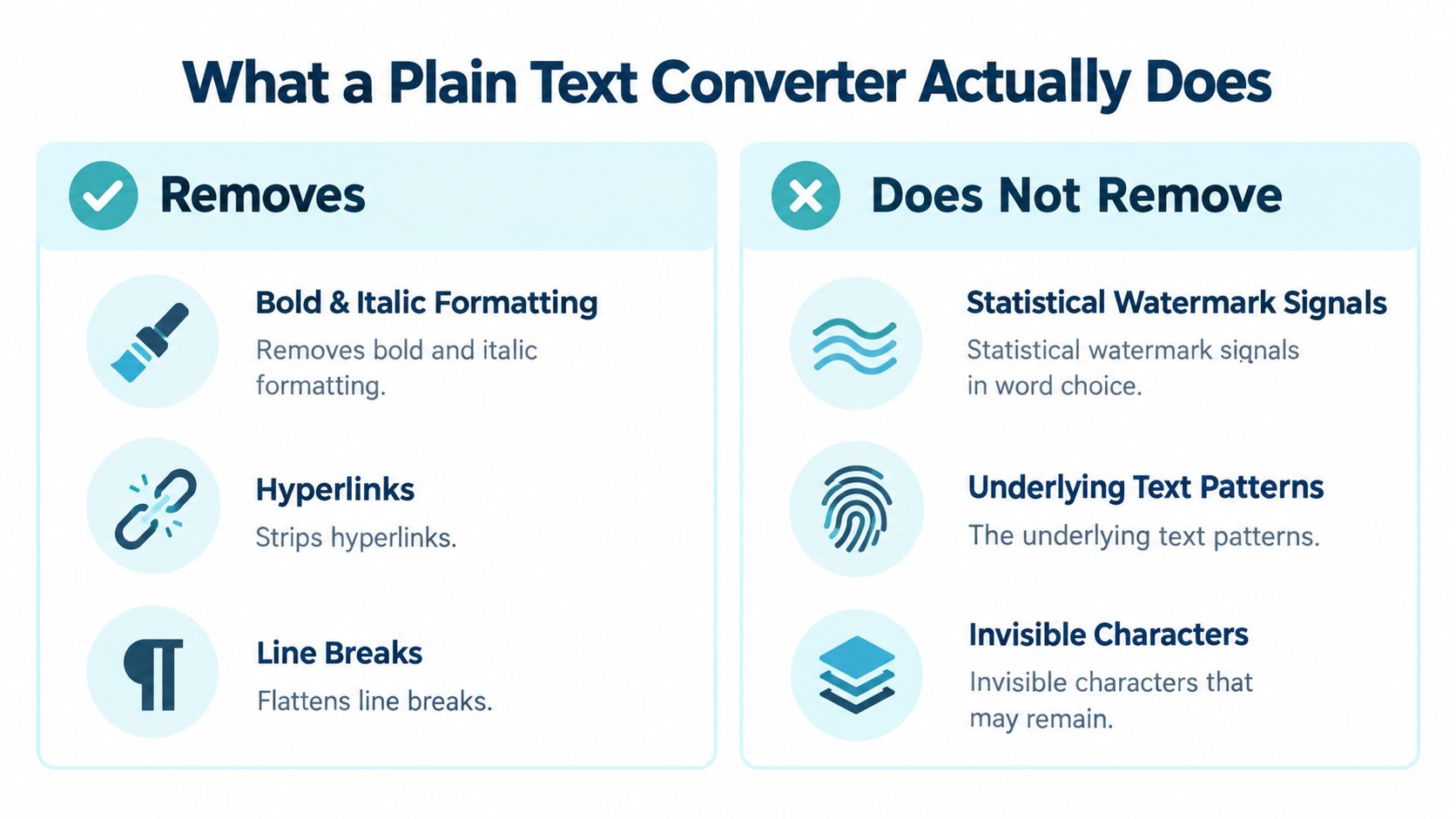 An infographic comparing what a plain text converter removes versus what it fails to remove from text.
