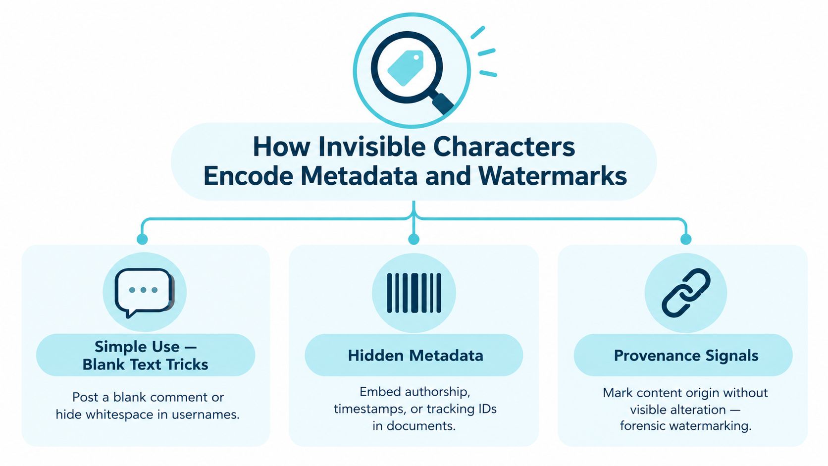 A diagram explaining how invisible characters in text are used to encode hidden metadata and digital watermarks.