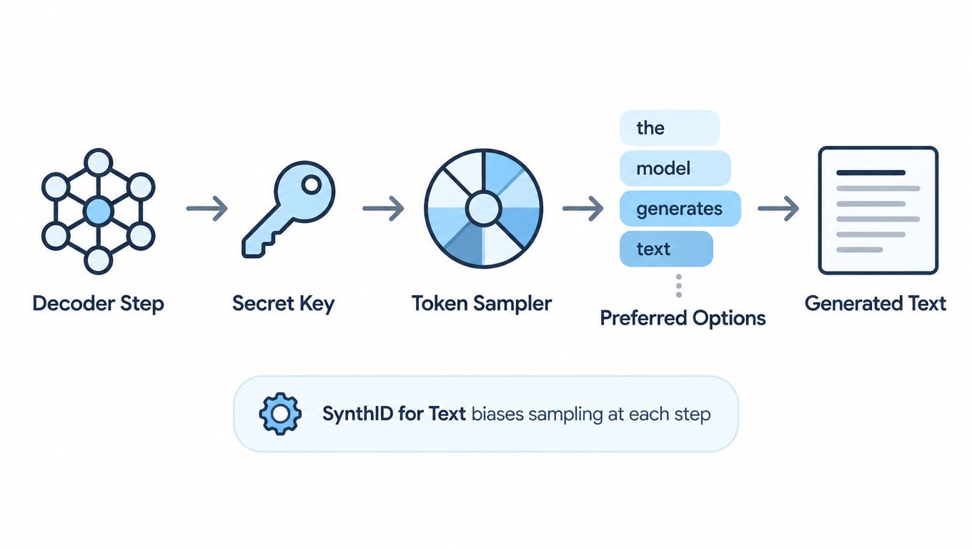 A diagram illustrating SynthID for text, showing the process of watermarking AI-generated text during the sampling phase.
