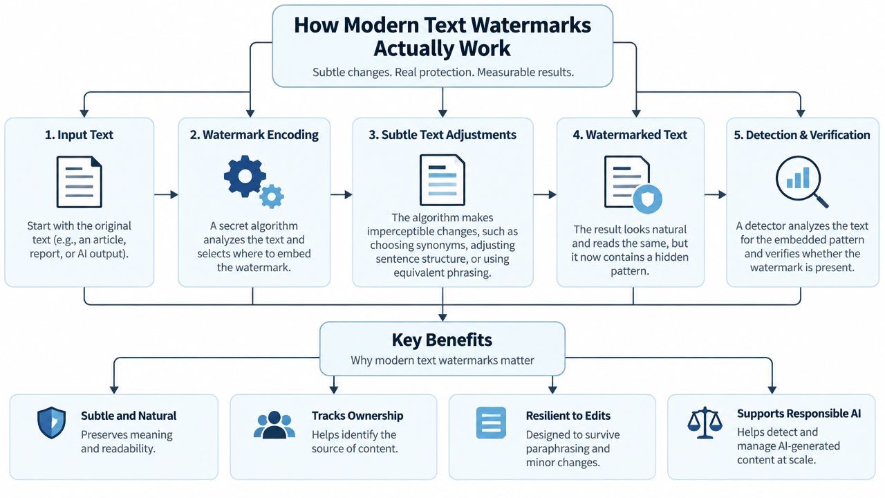 A flowchart explaining how modern text watermarking technology works, from input text to final verification and benefits.