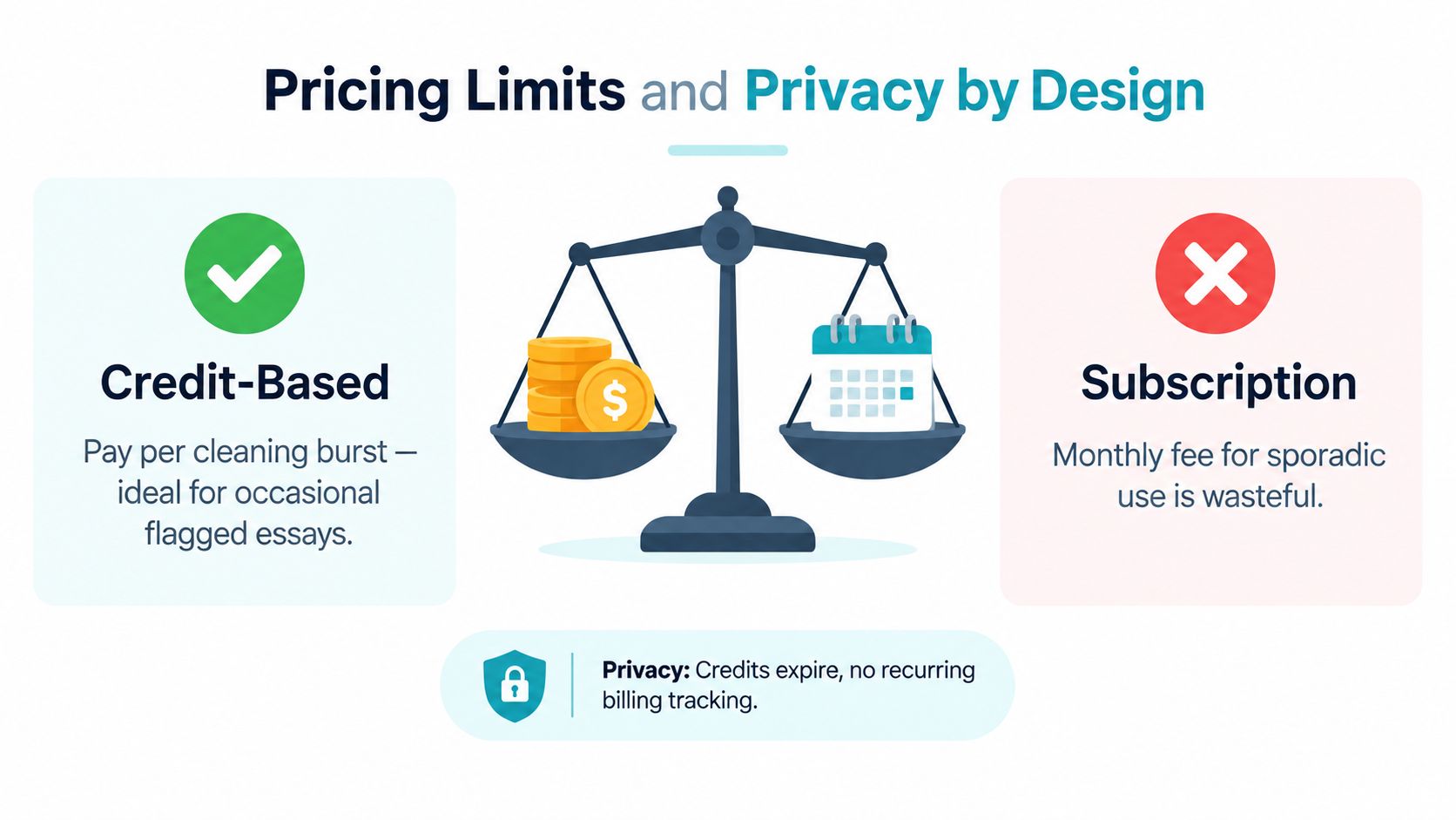 A comparison graphic showing credit-based billing as a flexible alternative to wasteful monthly subscription models for services.