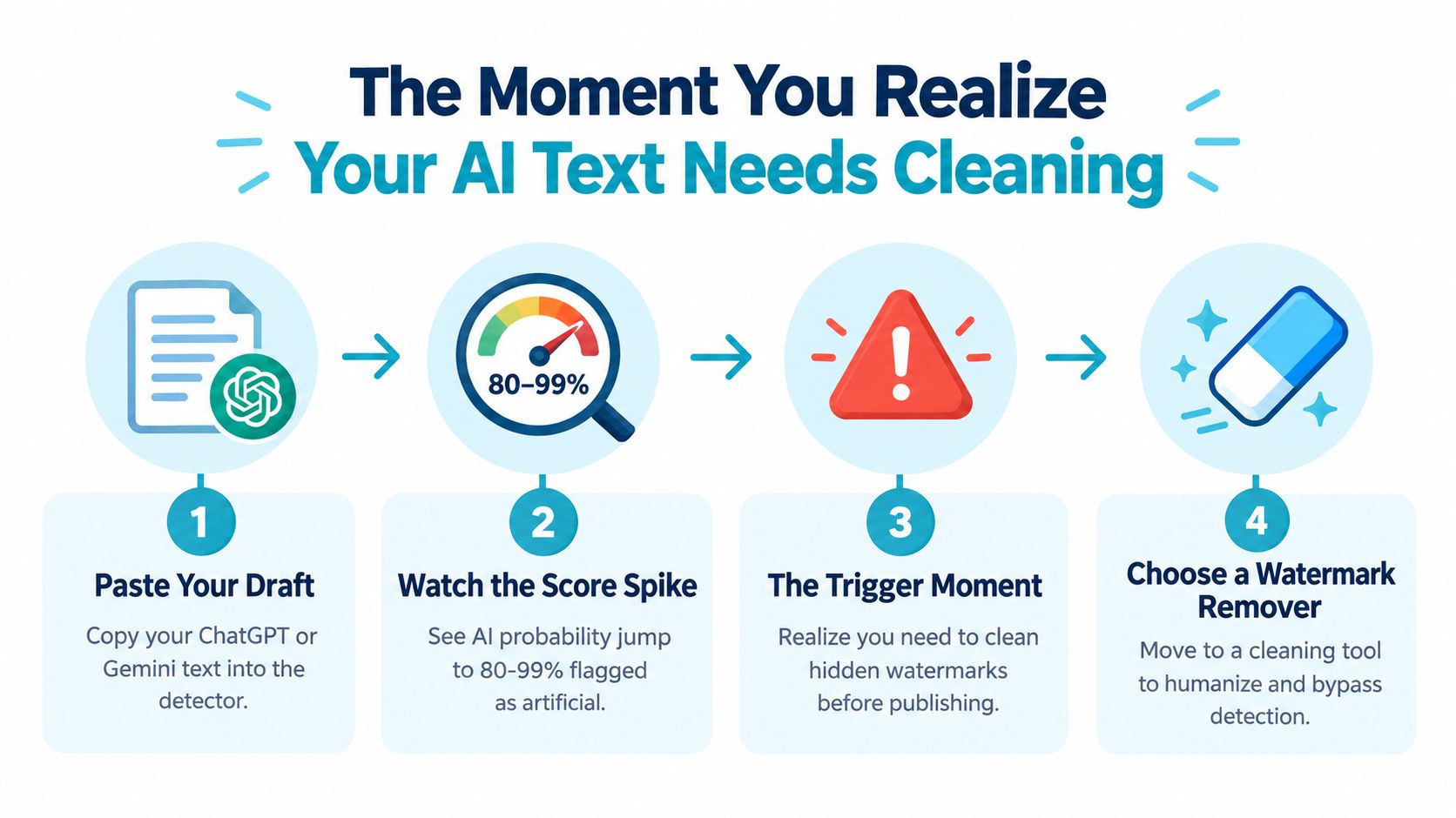 A four-step infographic showing how to detect AI-generated text and use a watermark remover tool.