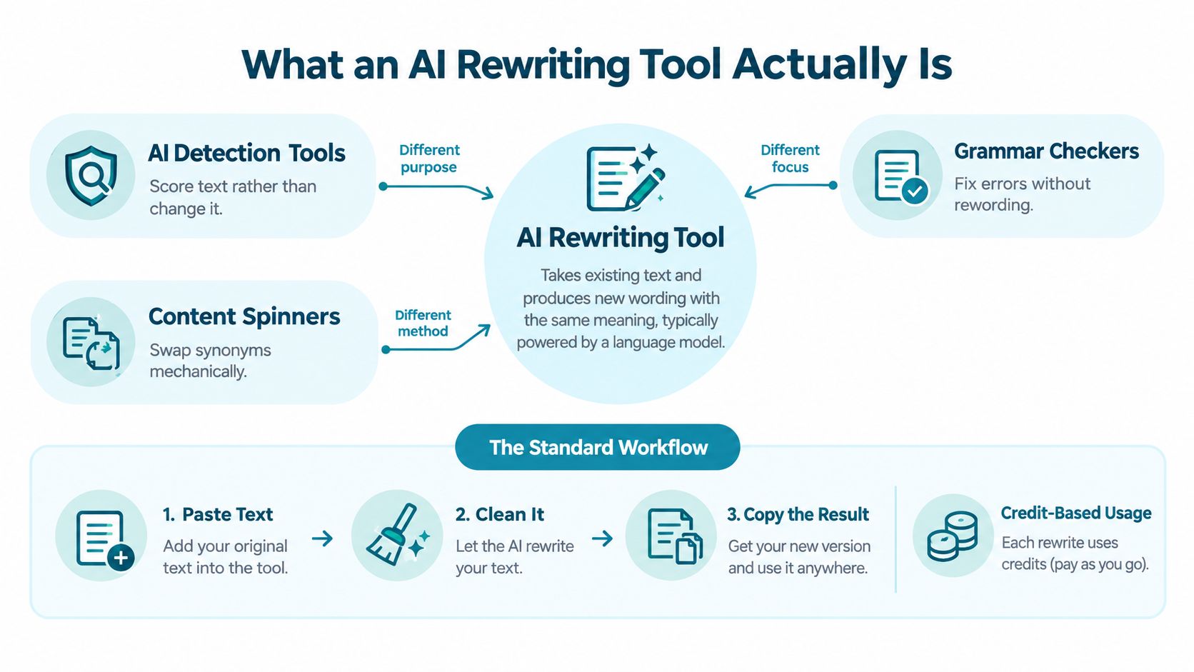 A diagram explaining what AI rewriting tools are and how their standard workflow process functions.