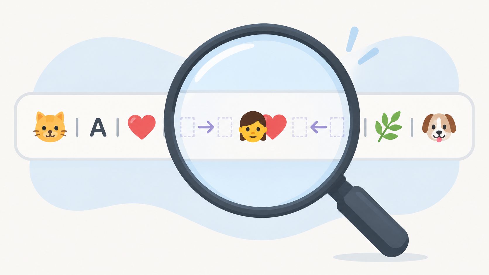 A magnifying glass focusing on a sequence of emojis and a letter inside a web interface.