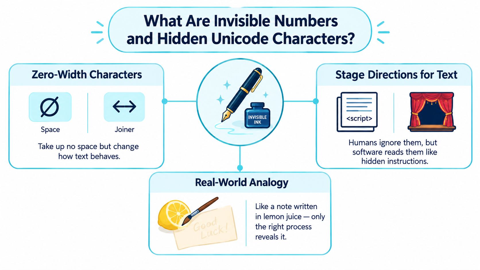 An infographic explaining invisible Unicode characters, zero-width spaces, and stage directions for digital text using analogies.