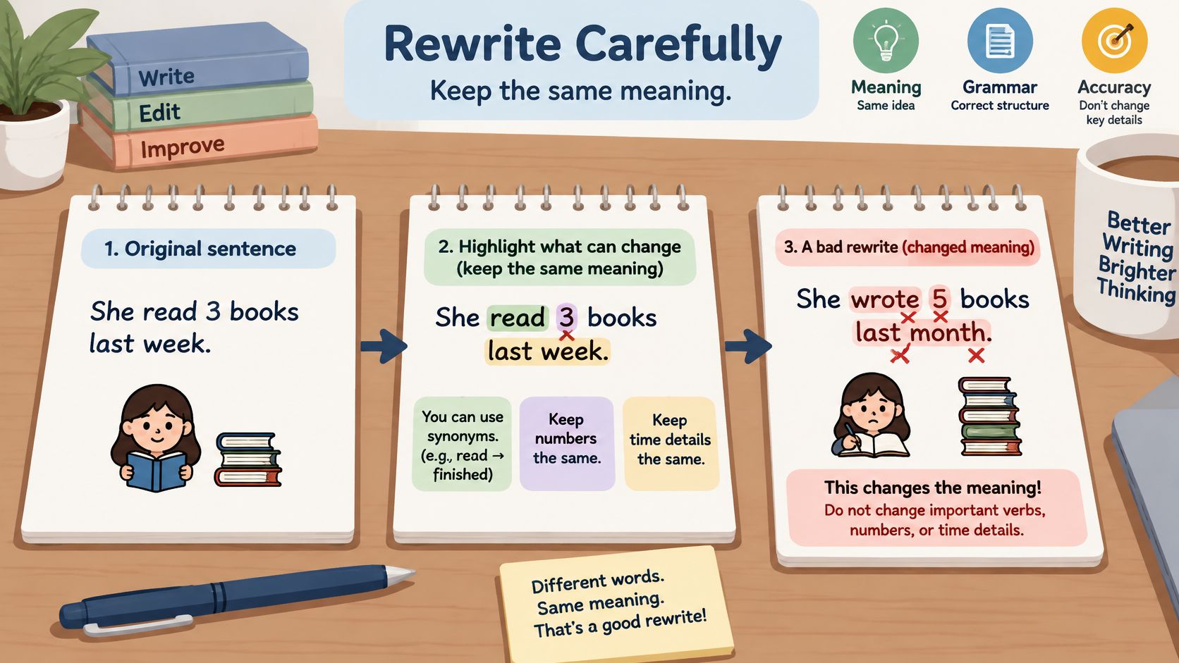 An educational infographic illustrating the rules for rewriting sentences while maintaining the original meaning and accuracy.