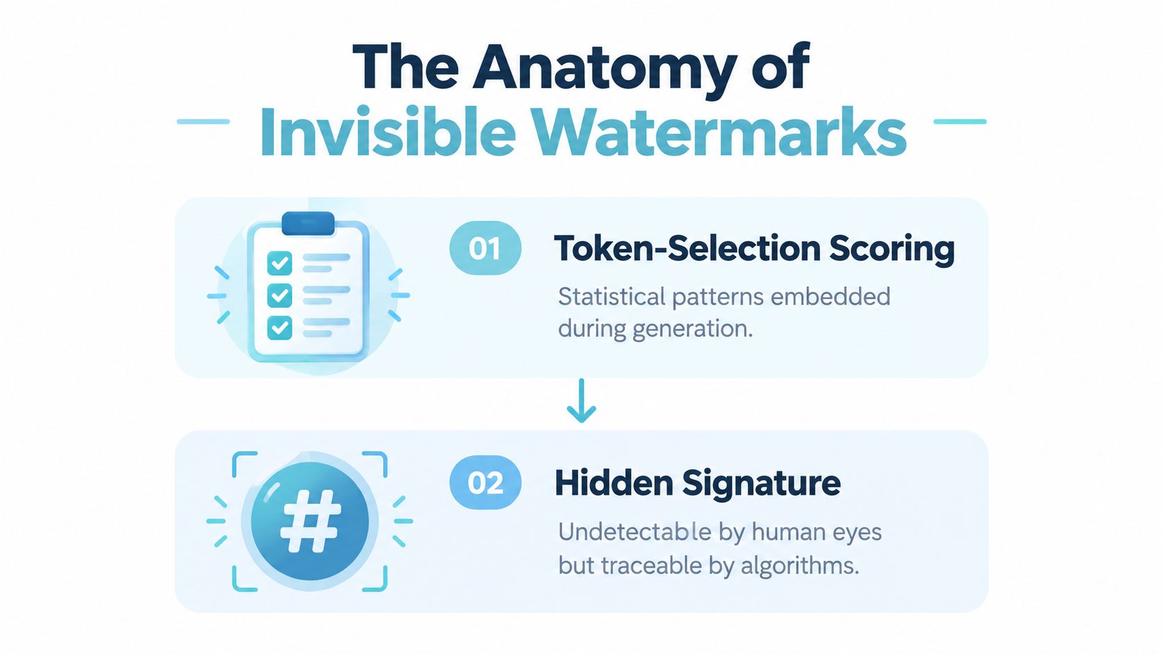 A diagram illustrating the two-step anatomy of invisible watermarks for AI-generated text content.