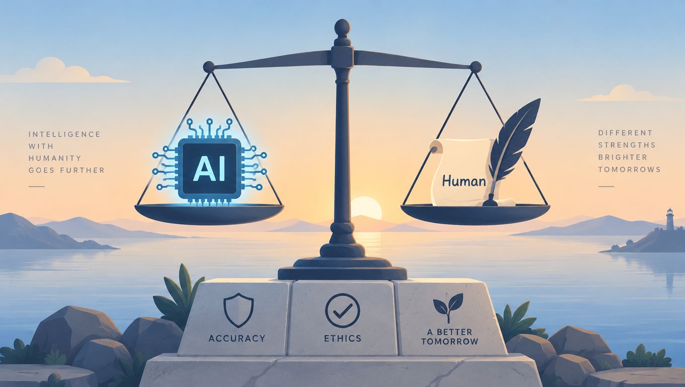 A balanced scale featuring an AI processor chip on one side and a human scroll with a feather pen.