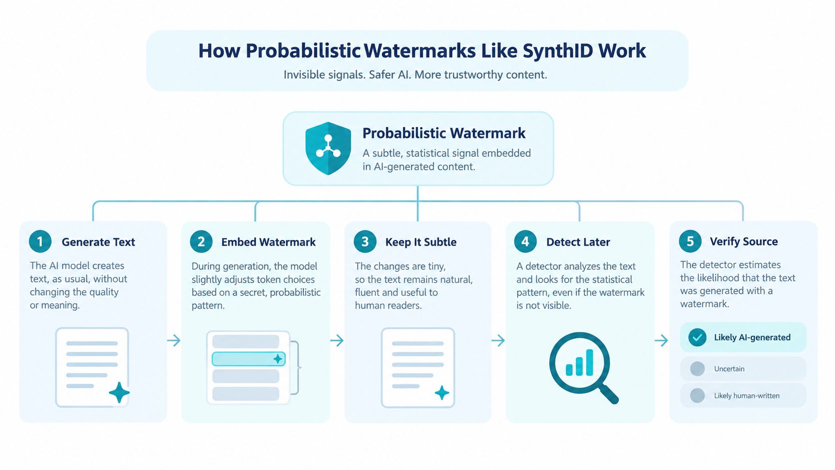 A five-step flowchart illustrating how SynthID probabilistic watermarking embeds hidden statistical signals into AI-generated text content.