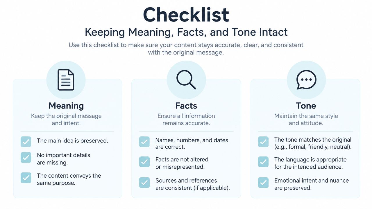 A checklist infographic illustrating key criteria for maintaining meaning, facts, and tone in professional communications.