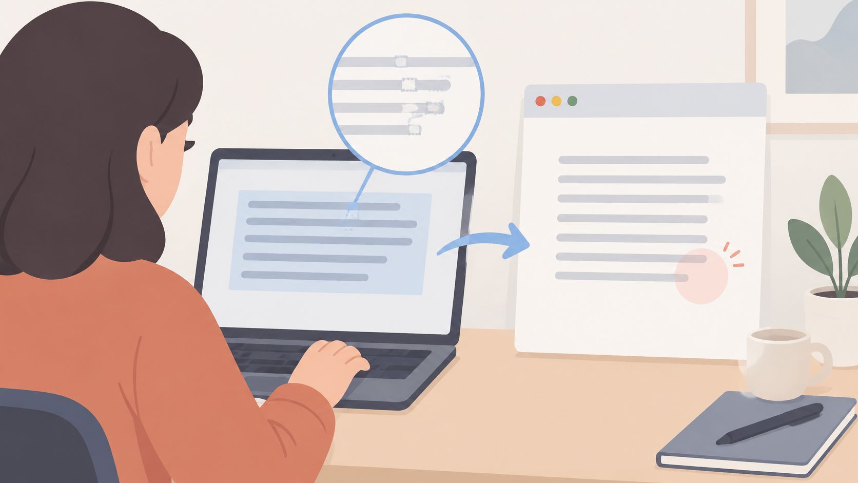 A woman working on a laptop using a text conversion tool to process document formatting.