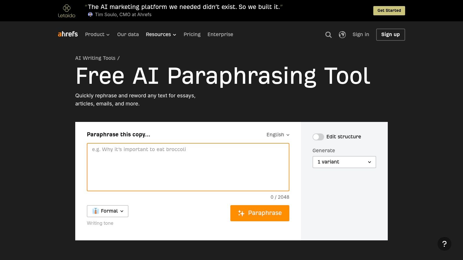 Ahrefs Paraphrasing Tool