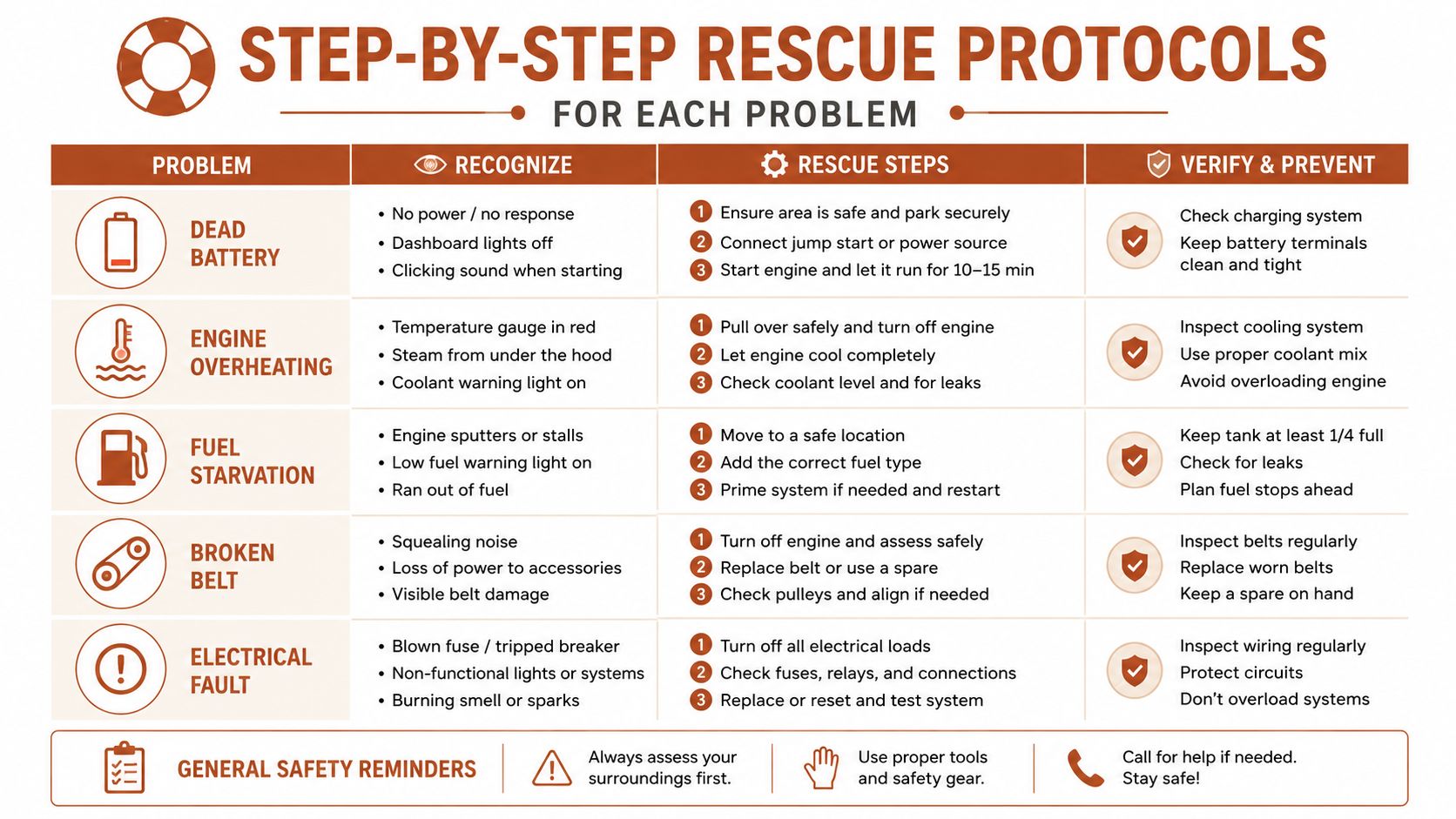 A chart showing step-by-step vehicle rescue protocols for common problems like dead batteries, overheating, and electrical faults.