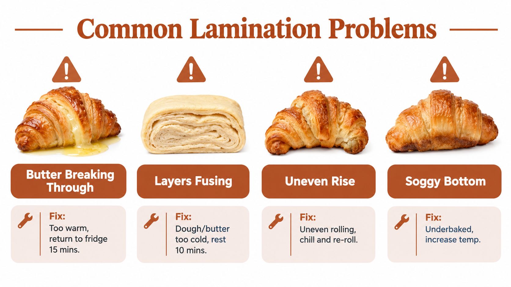 A diagram displaying four common lamination problems with croissants, including causes and solutions for baking errors.