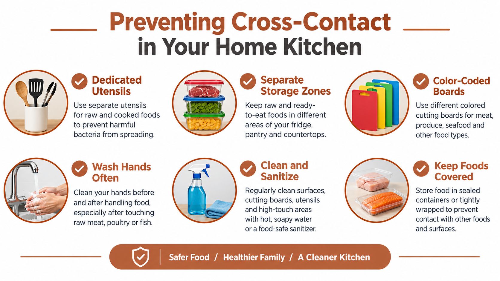 A helpful infographic showing six tips for preventing cross-contact and maintaining food safety in the home kitchen.