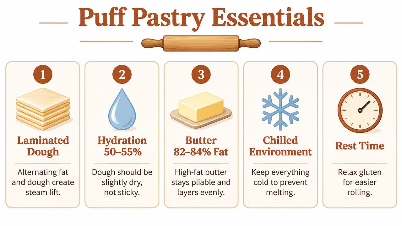 An infographic titled Puff Pastry Essentials showing five key steps for making perfect flaky dough.