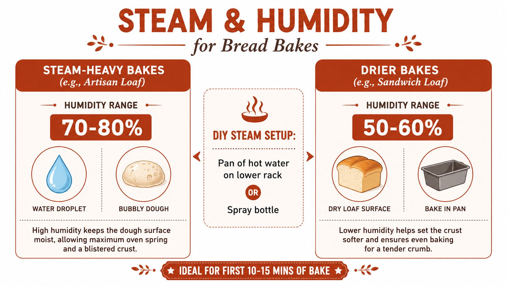 A guide illustrating how steam and humidity levels affect the final texture and crust of bread bakes.