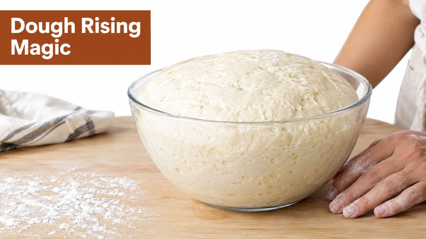 A close-up of proofed bread dough rising inside a glass bowl on a floured wooden surface.
