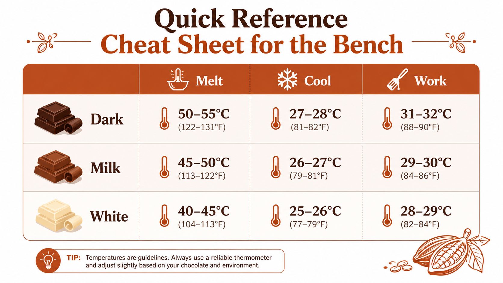 A chocolate tempering temperature chart showing melting, cooling, and working ranges for dark, milk, and white chocolate.