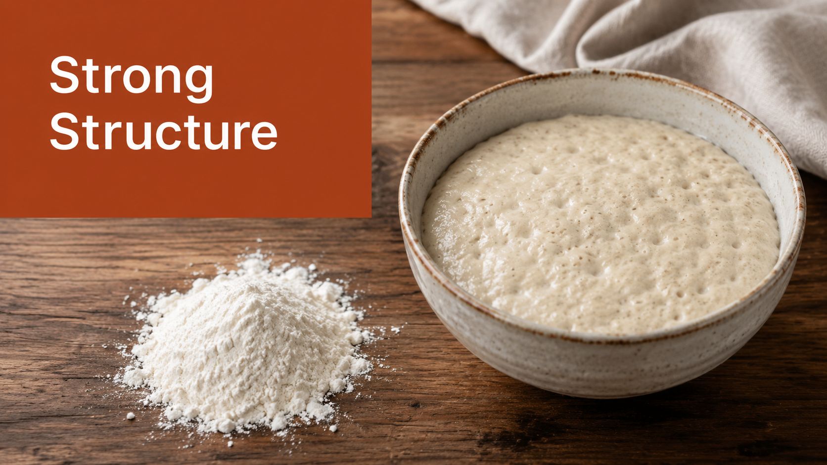 A pile of white flour next to a bowl of bubbly sourdough starter on a wooden surface.