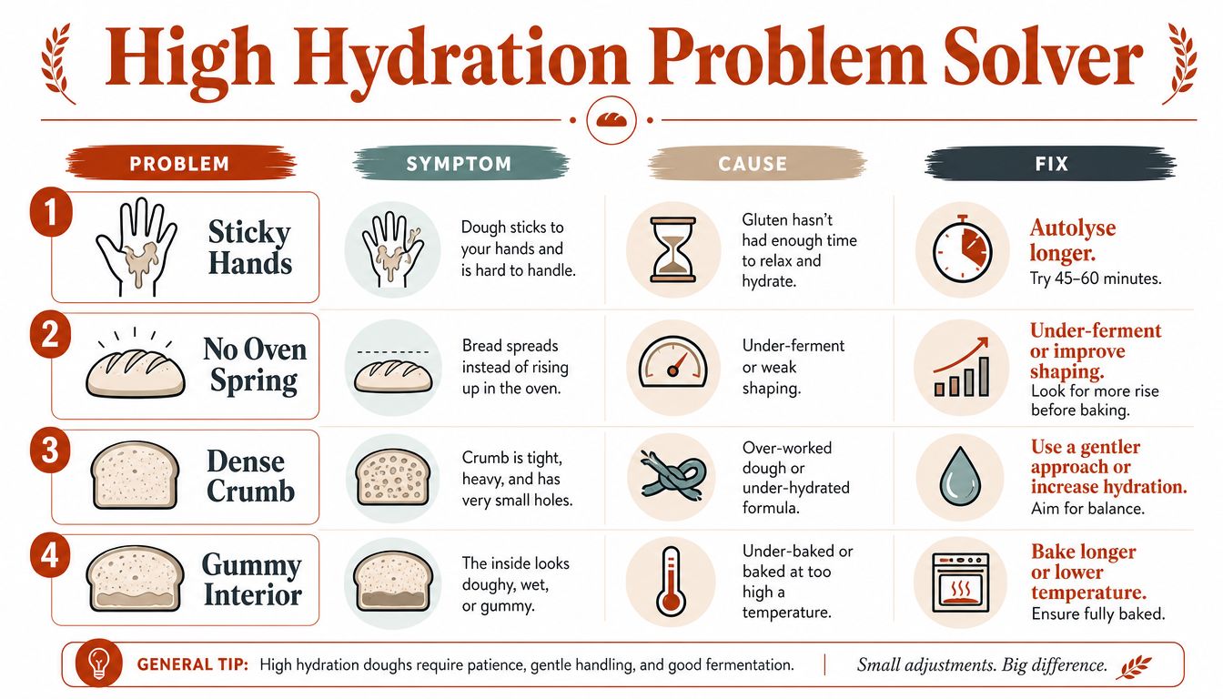 A table titled High Hydration Problem Solver listing four common sourdough bread issues, symptoms, causes, and solutions.