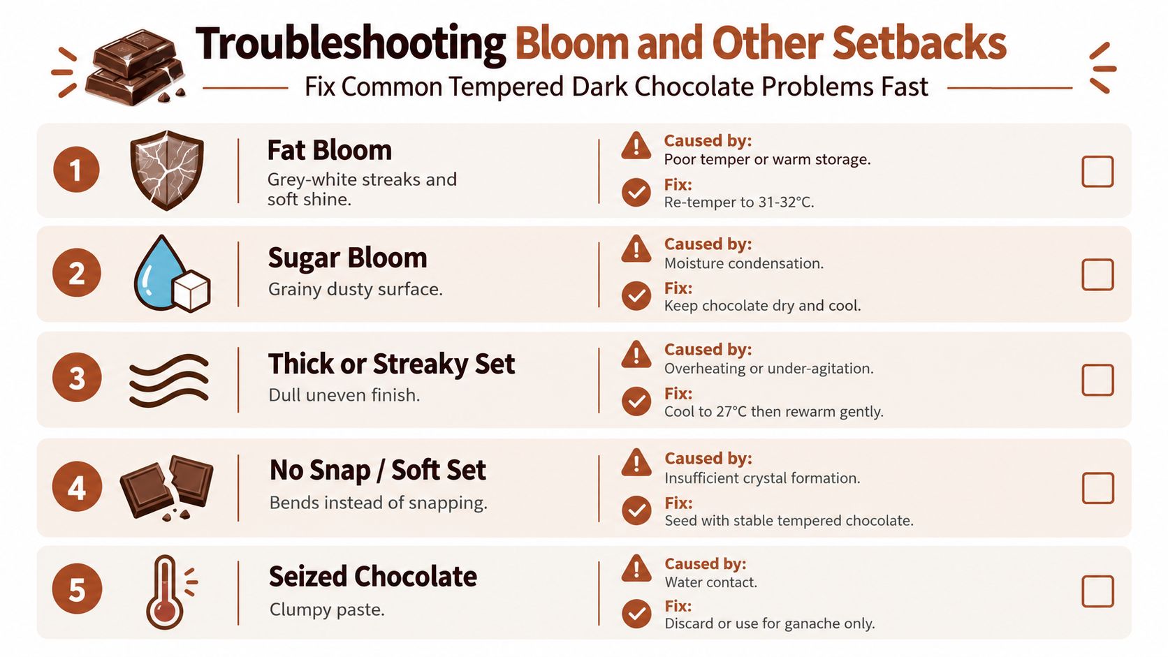 A troubleshooting infographic guide explaining common problems with tempered dark chocolate like blooms and poor sets.