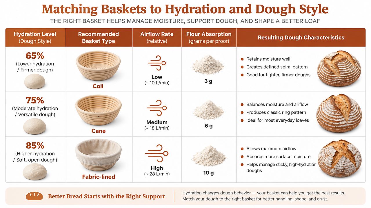 A comparison chart showing how different sourdough proofing baskets match various hydration levels and dough types.