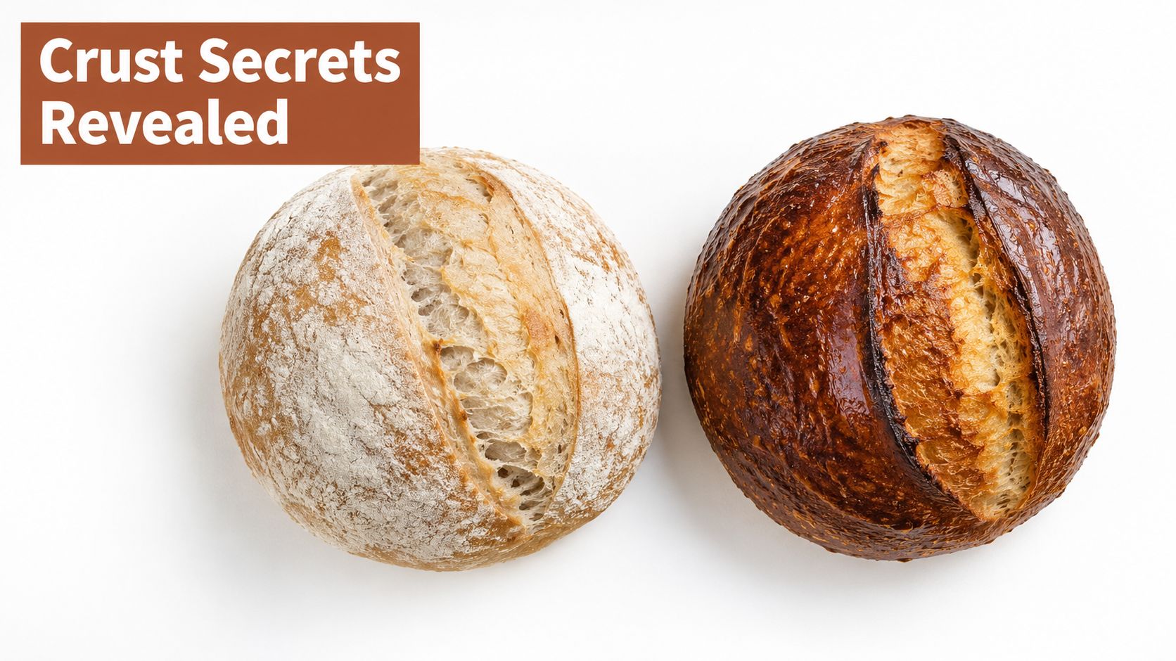 Two round loaves of bread side by side, one lightly dusted with flour and one dark crust.