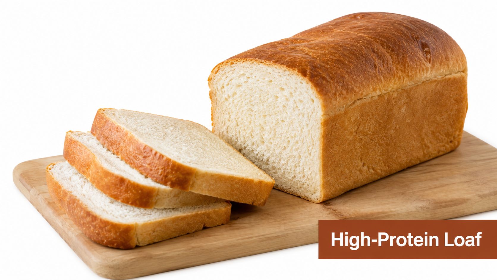 A golden brown loaf of white high-protein bread next to three neatly sliced pieces on a board.