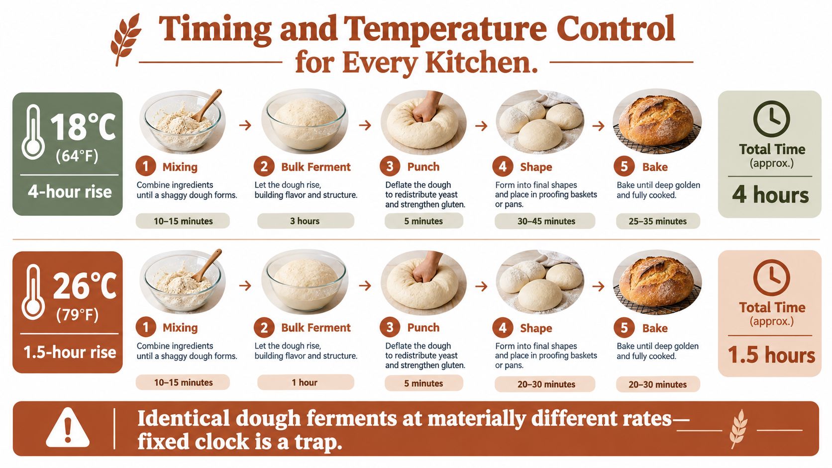 An infographic showing bread dough fermentation timing at different temperatures to achieve optimal results.