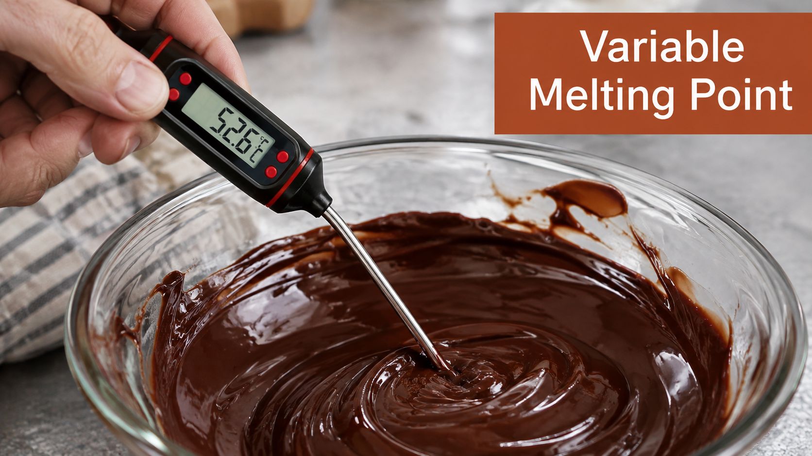 A hand holds a digital thermometer measuring the temperature of dark chocolate melting in a glass bowl.