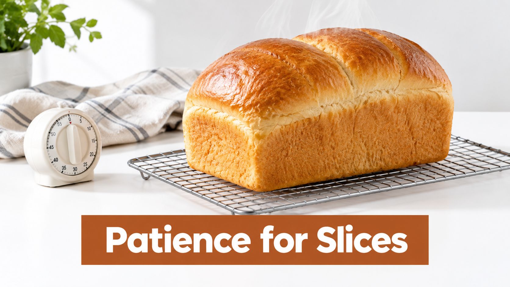 A fresh loaf of steaming white bread rests on a cooling rack next to a kitchen timer.