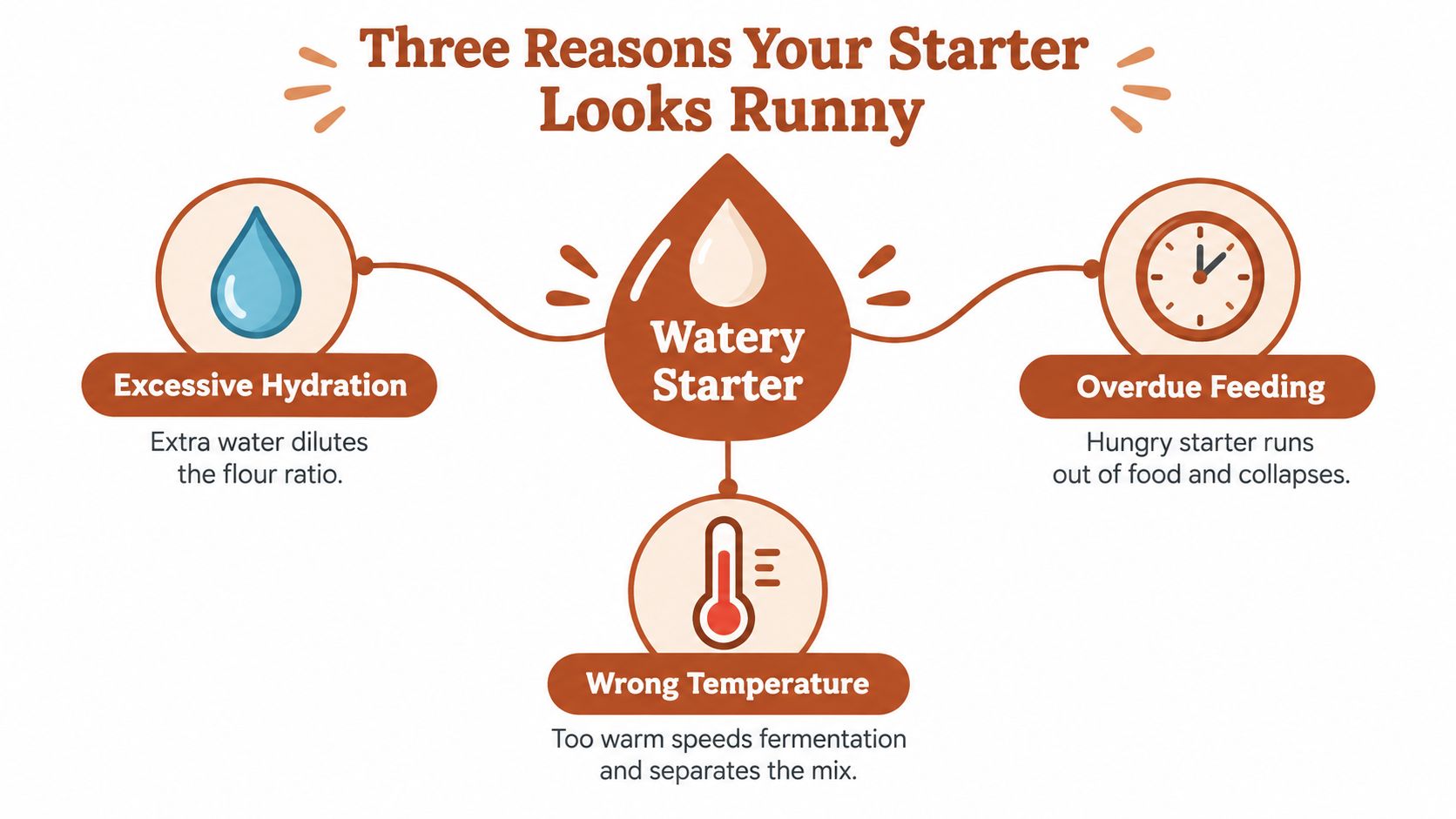 An infographic titled Three Reasons Your Starter Looks Runny, listing excessive hydration, overdue feeding, and wrong temperature.