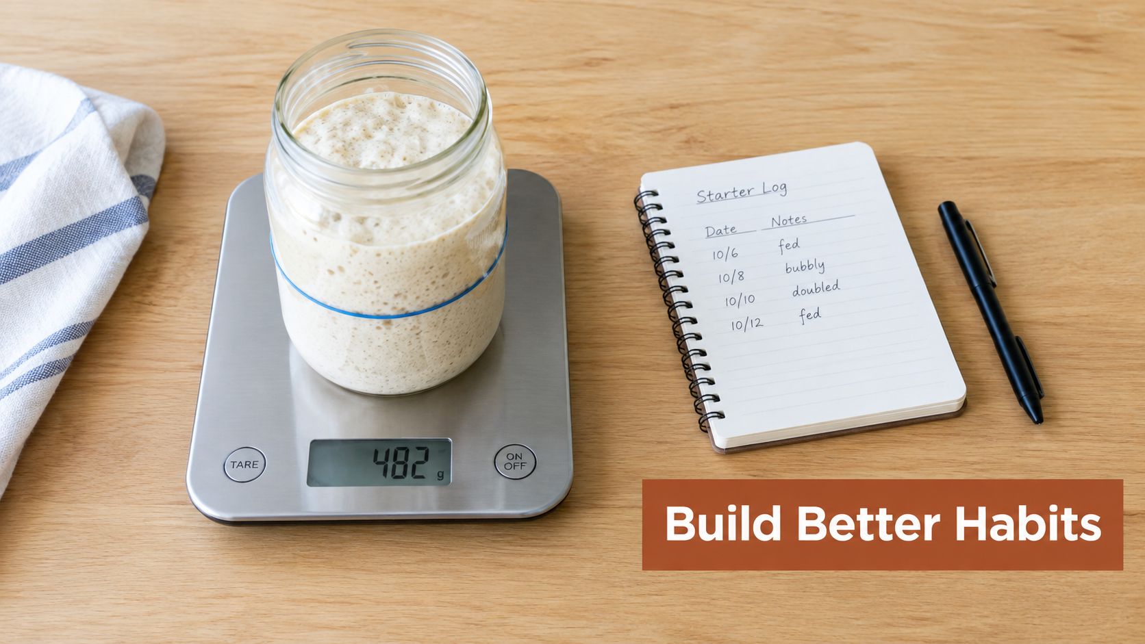 A glass jar of bubbly sourdough starter sitting on a digital kitchen scale with a logbook nearby.