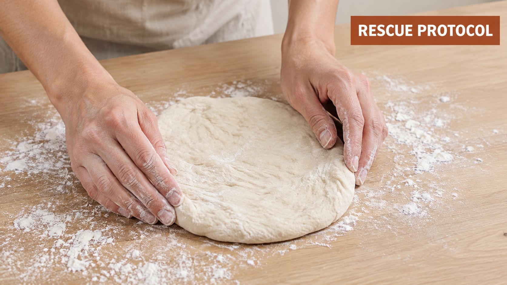 A close-up view of hands shaping a round piece of dough on a floured wooden surface.
