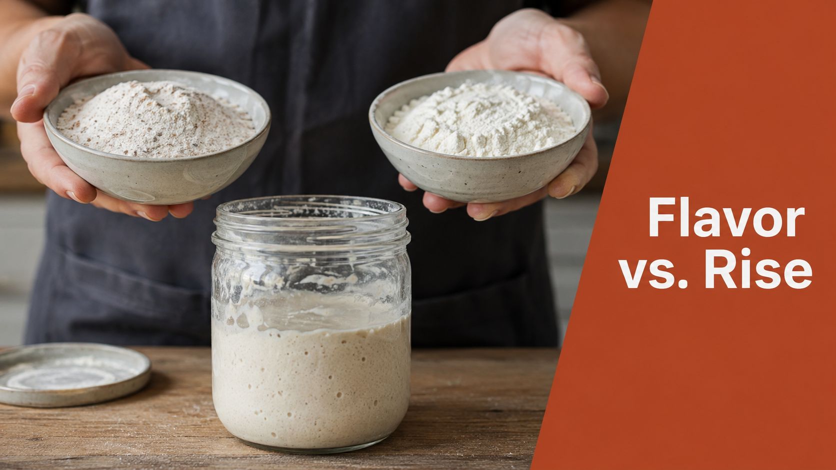A person holds two bowls of flour above a jar of bubbly sourdough starter for baking bread.
