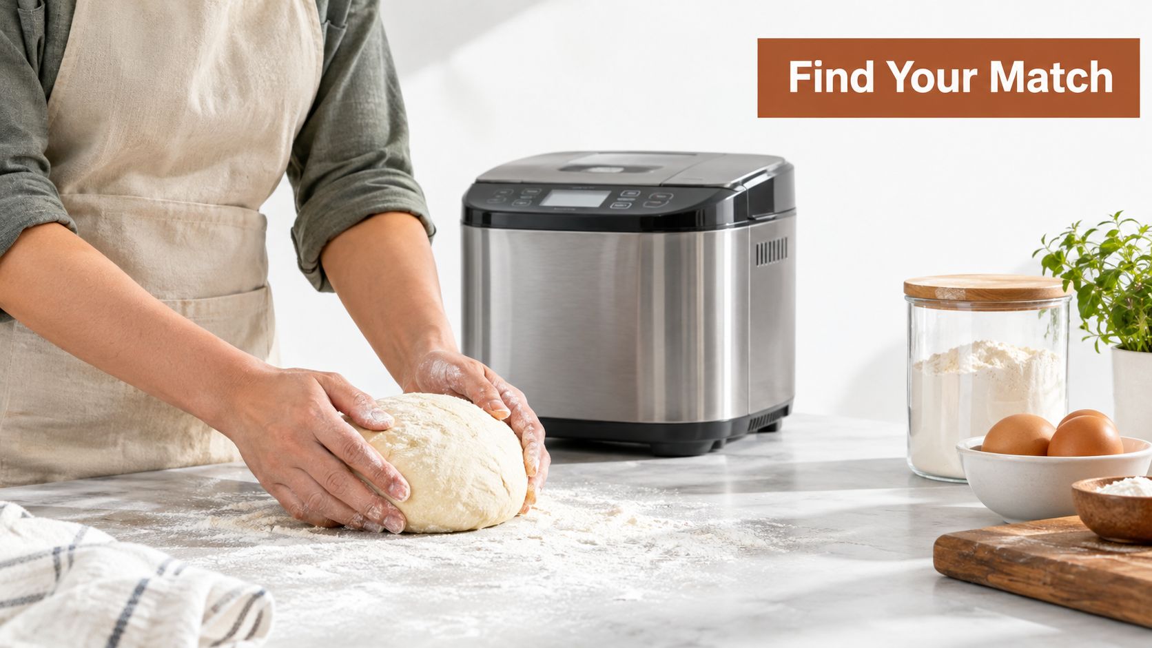 A person kneading a ball of dough on a marble countertop next to a bread machine.