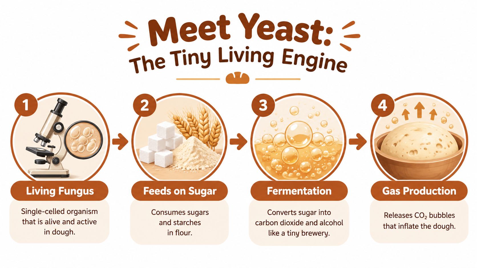 A four-step infographic explaining how yeast works as a living organism to help bread dough rise.
