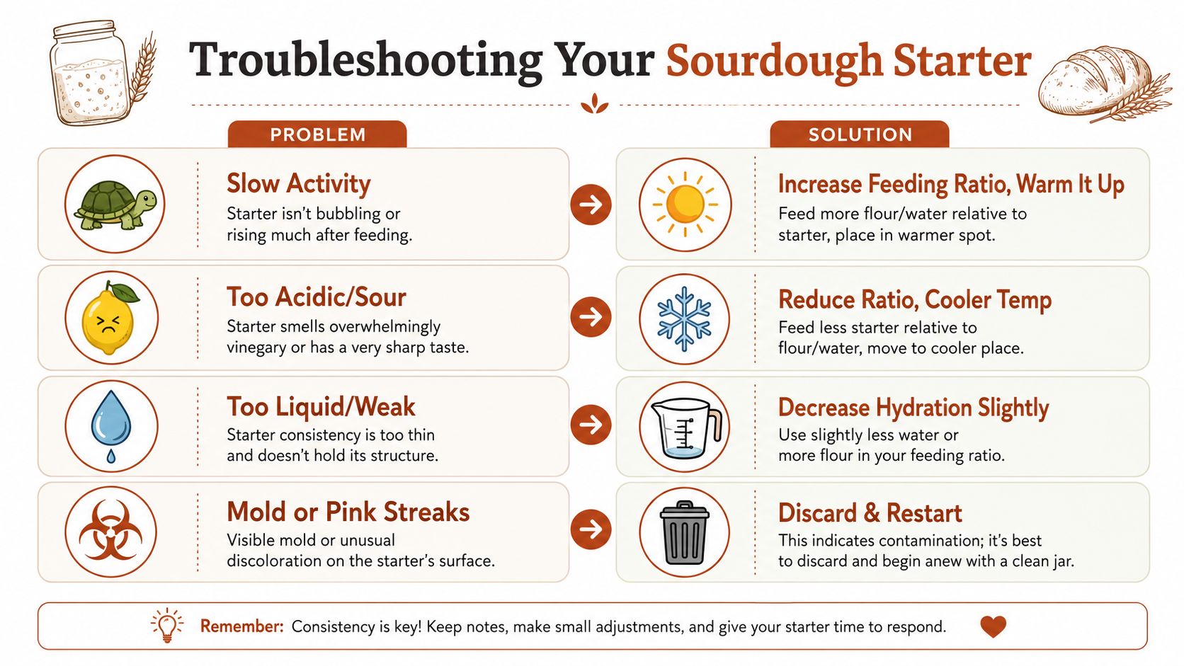 An infographic titled Troubleshooting Your Sourdough Starter offering advice on fixing common problems like acidity, mold, and activity.