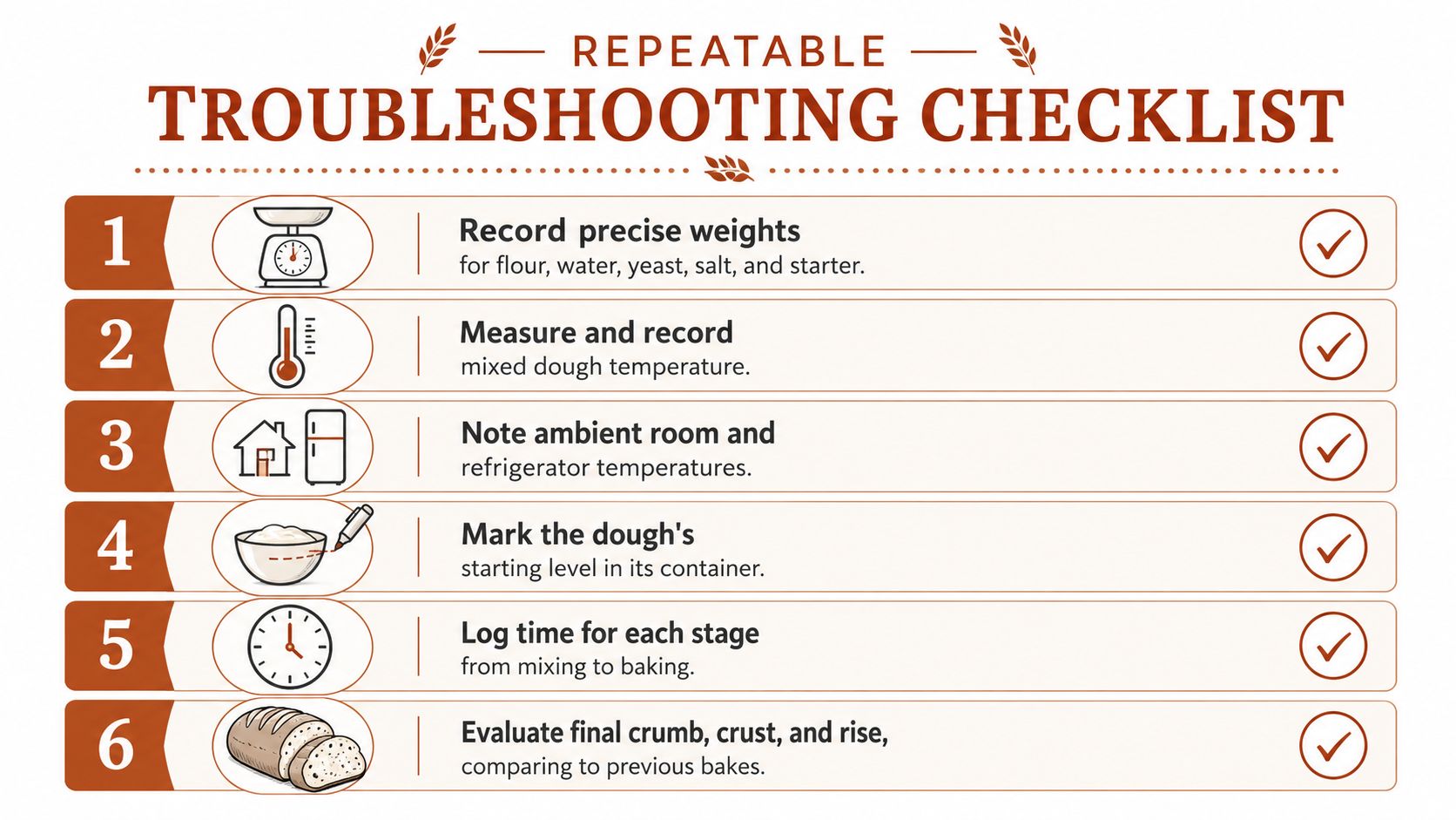 A repeatable troubleshooting checklist for bakers featuring six numbered steps with icons for improving bread quality.