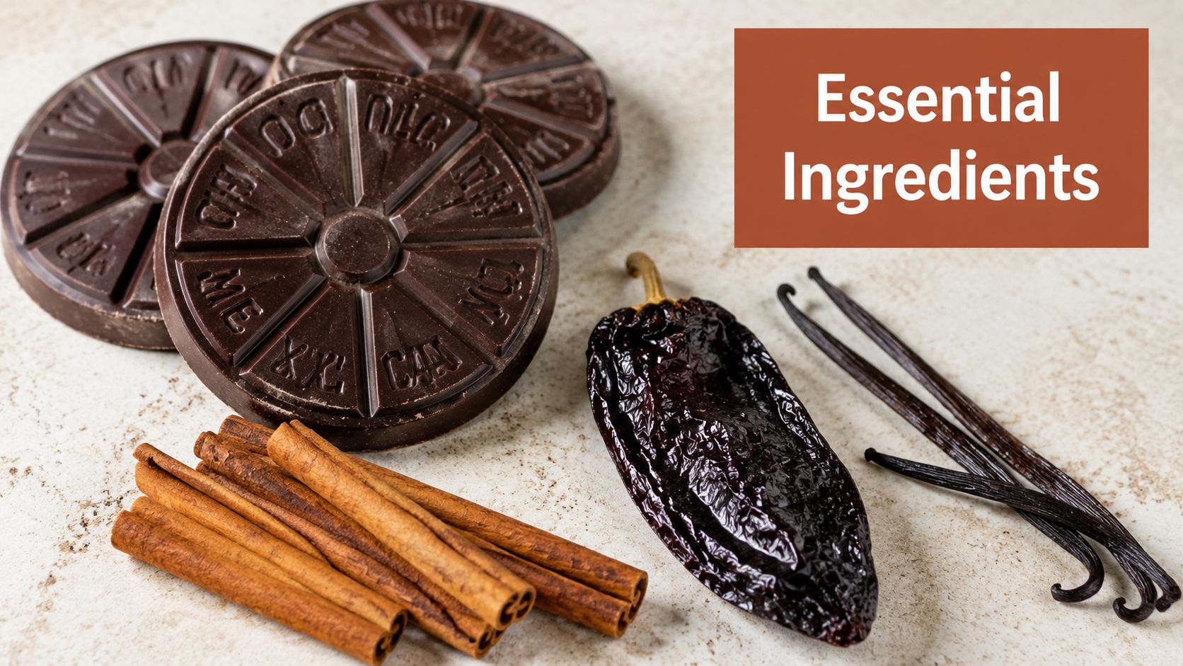 Traditional Mexican chocolate discs arranged with cinnamon sticks, a dried chili pepper, and whole vanilla beans.
