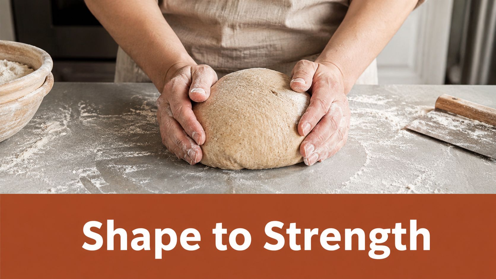 A close-up view of a person shaping a mound of dough on a floury kitchen surface.