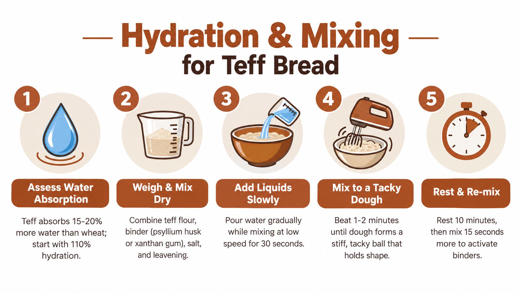 A five-step infographic showing how to mix and hydrate teff flour for making bread.